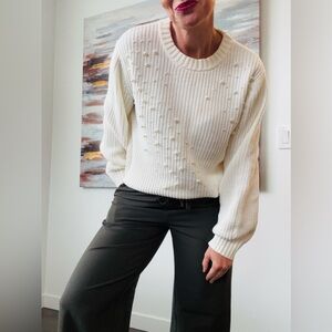 REITMANS Cream White Pearl Embellished Ribbed Knit Balloon Sleeve Sweater Small